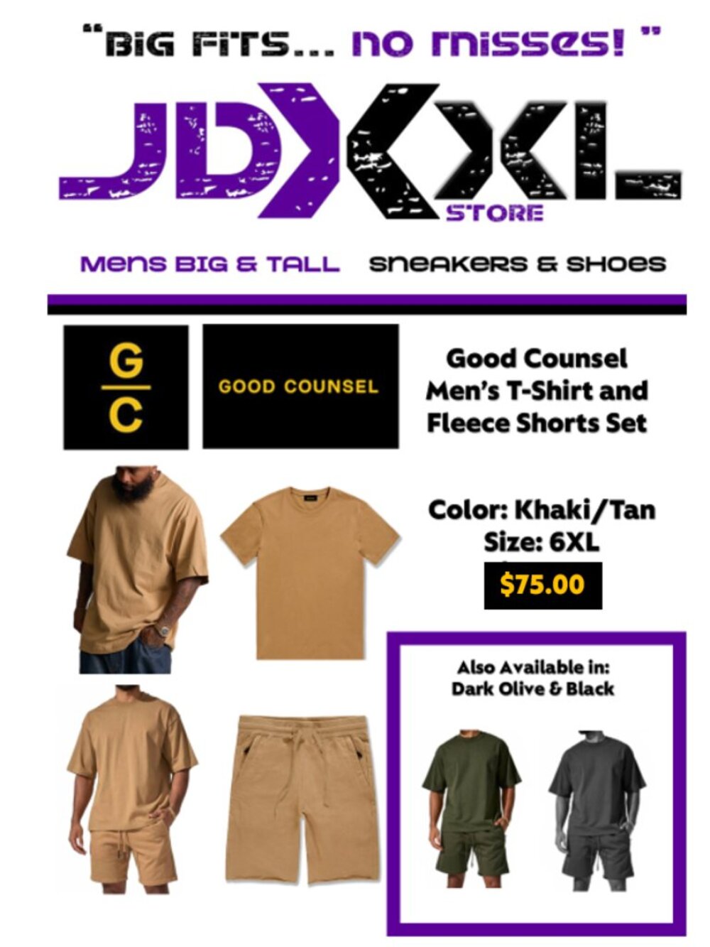 GOOD COUNSEL Big & Tall 6XL Matching Set Khaki |  Cotton Tee & Fleece Shorts